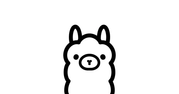Simple black-and-white line drawing of a llama's face with large eyes and upright ears.