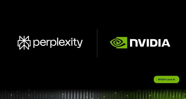 Perplexity and NVIDIA logos side by side on a black background with a green "NVIDIA Local AI" button below.