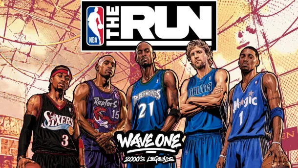 Five illustrated NBA players in 2000s jerseys stand together under the "NBA The Run" logo with "Wave One: 2000s Legends" text.