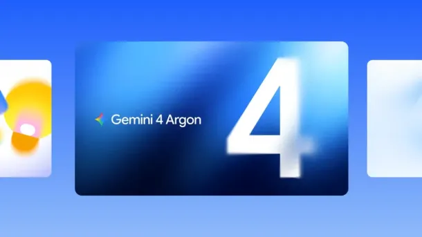 A blue gradient card displays "Gemini 4 Argon" with a large white number 4 and Google’s multicolored logo.