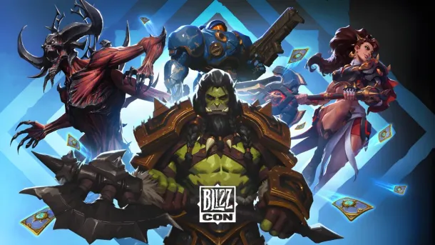 A green orc warrior in ornate armor stands center, flanked by a demonic figure, a robotic soldier, and a female mage, with glowing cards floating around them against a blue geometric backdrop.