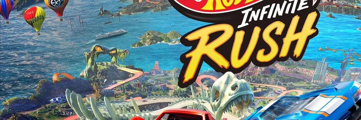Two Hot Wheels cars race on a vibrant orange track over a tropical island landscape with hot air balloons and ocean views.