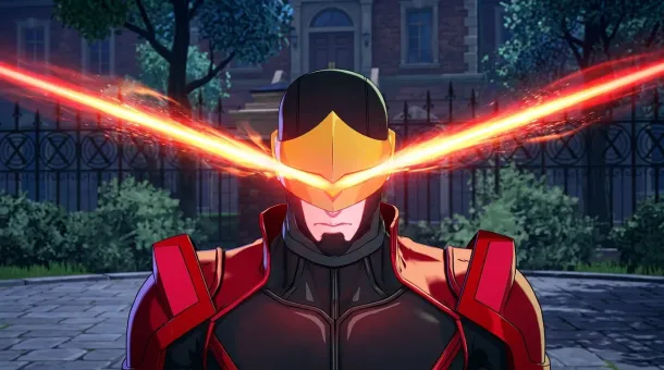 A masked figure in red and black armor emits bright orange laser beams from their eyes, standing before a stone building with a wrought-iron fence.