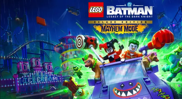 LEGO Joker and Harley Quinn ride a purple car with a grinning face through a neon-lit carnival chaos, surrounded by LEGO figures and flying bricks.