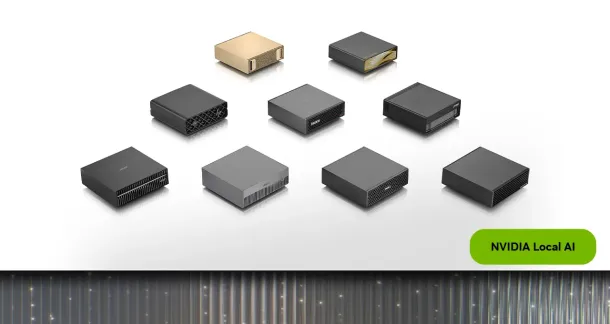 Compact NVIDIA AI devices arranged in a grid, showcasing small form-factor hardware for local AI processing.