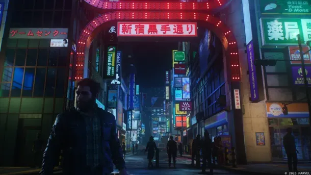 A man walks through a neon-lit Japanese alley at night, surrounded by glowing signs and bustling city life.