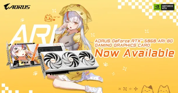 White GIGABYTE AORUS RTX 5060 ARI graphics card with three fans, beside anime girl in yellow outfit on yellow background.