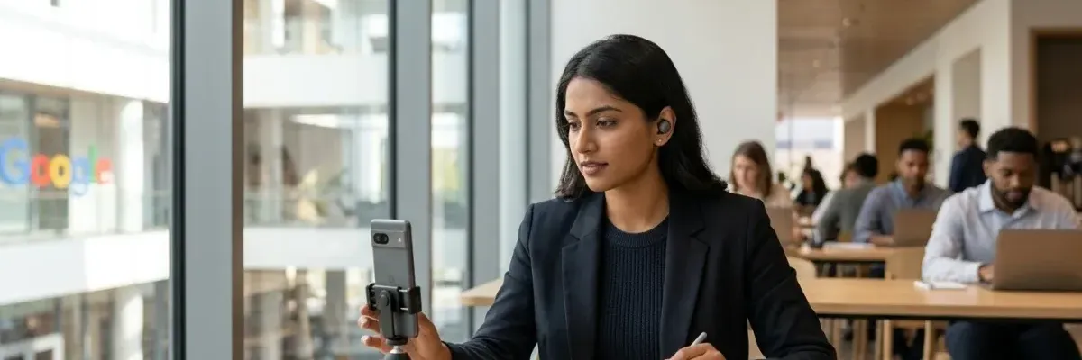 A woman in a business suit sits at a table, using a smartphone on a tripod while writing on a tablet, with Google's logo visible through the window behind her.
