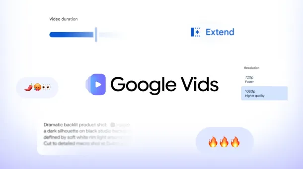 Google Vids interface showing video duration slider, resolution options (720p, 1080p), and text input for video description with emoji prompts.