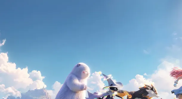 A woman with pink hair runs across a grassy hill with animated creatures under a bright blue sky.