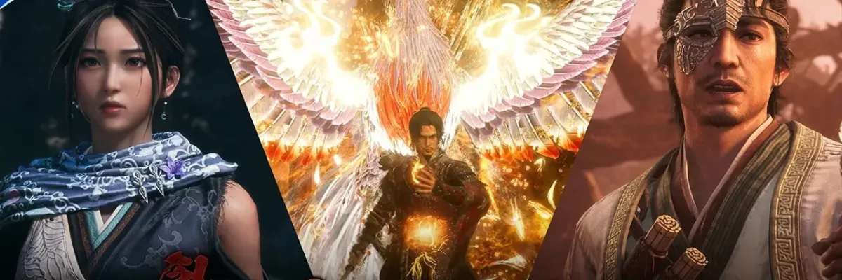 Three characters from *Wo Long 2: Wings of Ember* flank a glowing phoenix, with PlayStation branding and release date text.