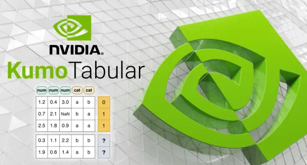 NVIDIA logo and Kumo Tabular text beside a 3D green eye symbol and sample tabular data with numerical and categorical columns.