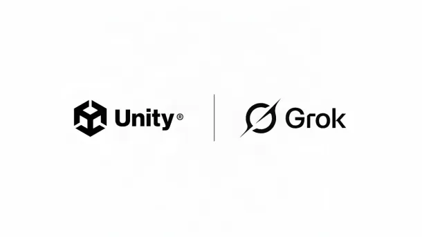 Black Unity and Grok logos side by side on a white background, separated by a vertical line.