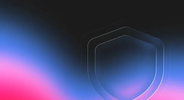 A translucent shield icon glows against a gradient background of blue, pink, and orange hues.