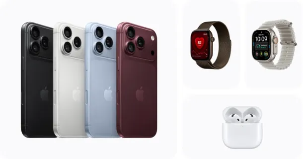 Four iPhone 18 Pro models in black, white, blue, and red, alongside two Apple Watch 12 designs and a pair of AirPods 5.