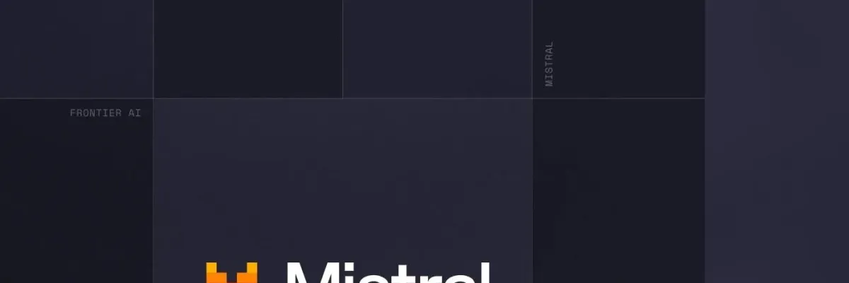 Mistral and Firefox logos connected by a line on a dark grid background with small fox icons.