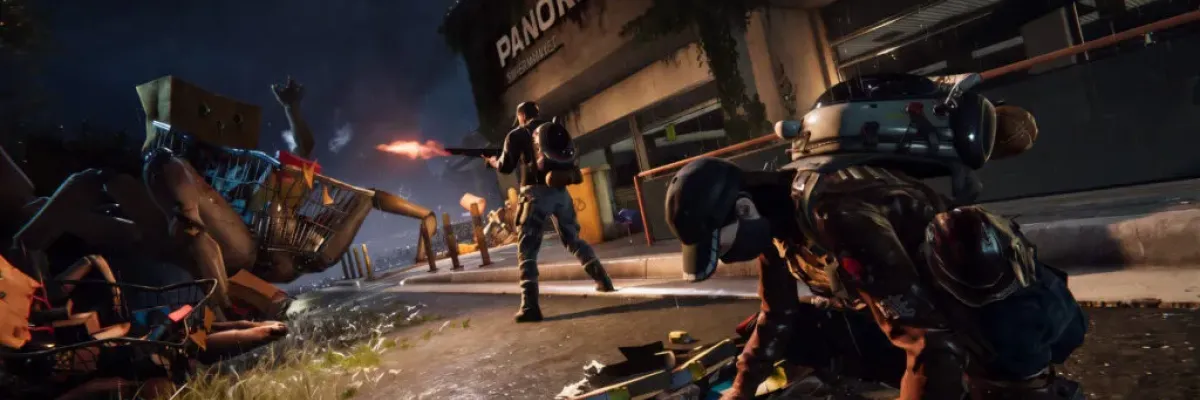 A soldier fires a weapon at a robot in a rainy, overgrown urban street at night near a "PANORAMA" building.