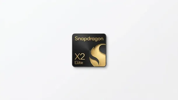 A black and gold Snapdragon X2 Elite processor chip with bold text and logo on a white background.