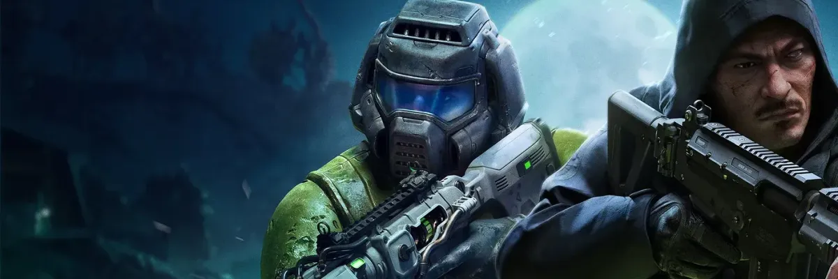 Two armed soldiers, one in a gas mask and the other hooded, stand ready under a full moon with eerie green lighting and "The Haunting" text below.