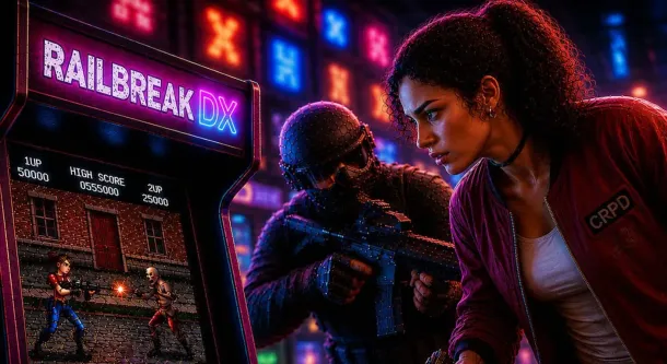 A woman in a red jacket and holstered guns stands beside an arcade machine labeled "RAILBREAK DX," with zombies looming behind her in a neon-lit setting.