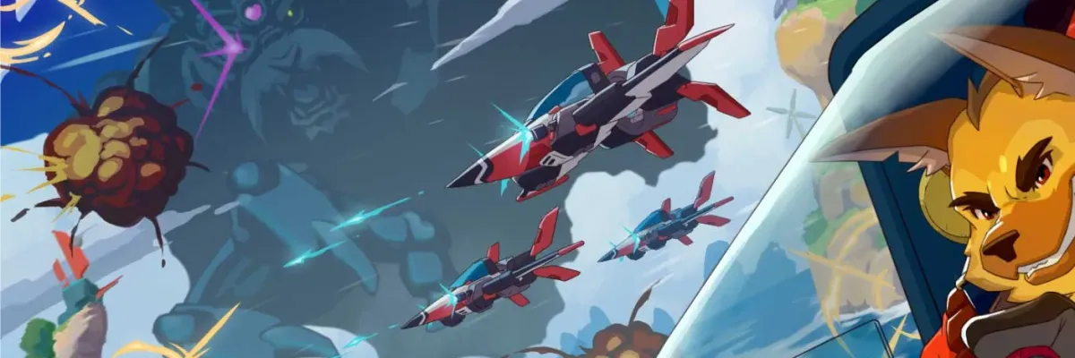 A lion-like pilot in a red suit grips a control stick inside a cockpit, with fighter jets and explosions in the sky behind him.