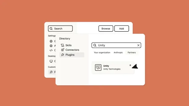 A user interface showing a plugin search for "Unity" with the Unity Technologies plugin listed under Partners.