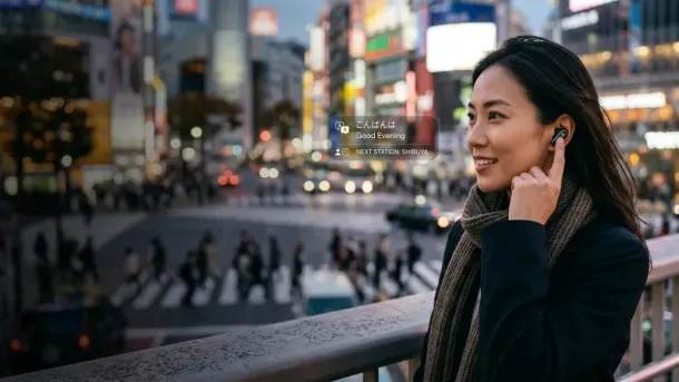 A woman in a city at dusk wears earbuds, smiling as she interacts with floating text overlays displaying translations and transit info.