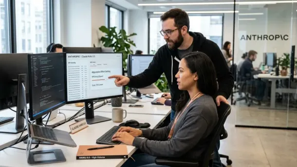 Two people collaborate at a desk in an Anthropic office, reviewing Claude Haiku 5.5 performance metrics on dual monitors.