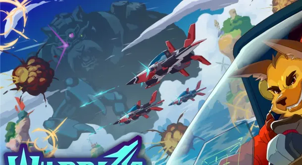 A lion-like pilot in a red suit grips a control stick inside a cockpit, with fighter jets and explosions in the sky behind him.