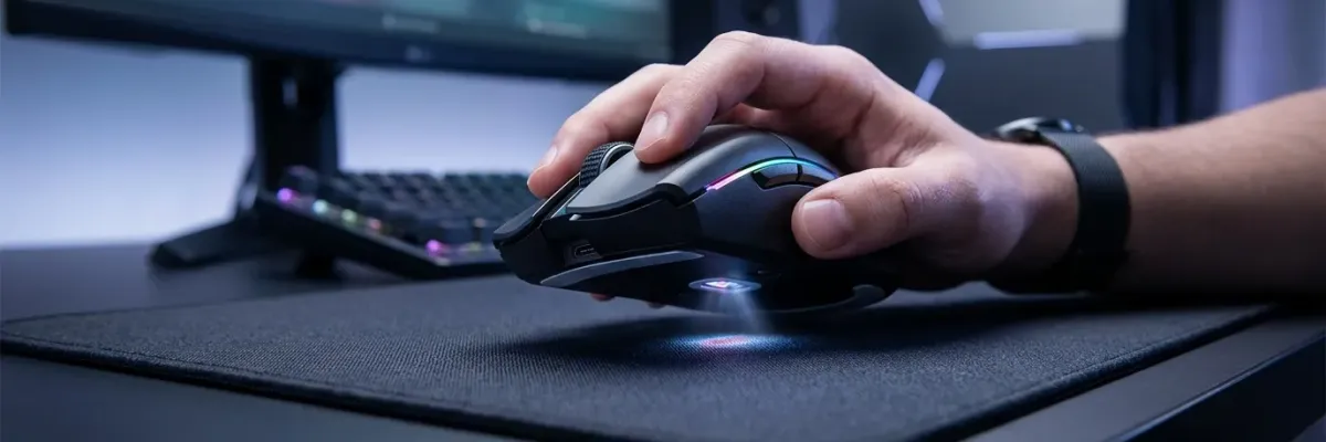 A hand grips a gaming mouse with RGB lighting on a dark mousepad, glowing sensor visible beneath.
