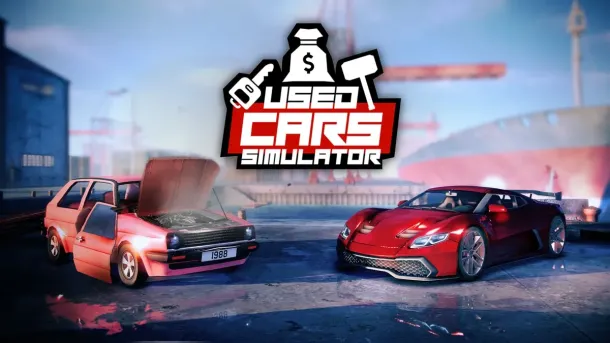 A worn pink hatchback and shiny red sports car sit on a dock under the "Used Cars Simulator" logo.