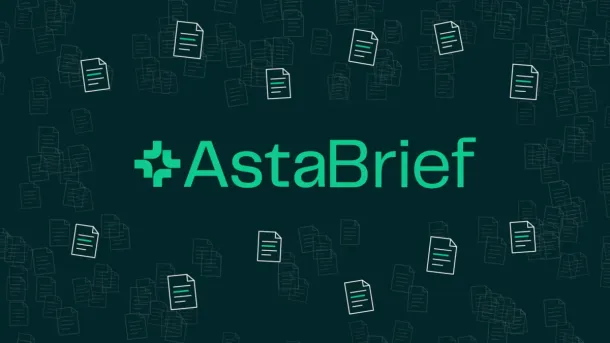 The AstaBrief logo in teal on a dark background, surrounded by floating document icons.