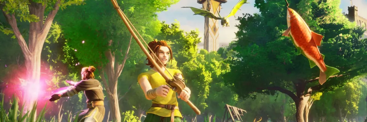 Characters fish and cast spells in a lush, vibrant forest village near a calm river.