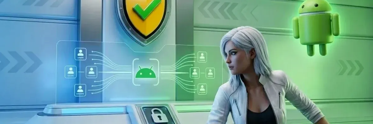A woman stands beside a secure terminal with a shield icon and Android logo, overseeing data transfer between user profiles.