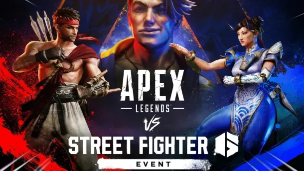 Three characters in dynamic poses flank bold text announcing the Apex Legends vs Street Fighter 6 event.