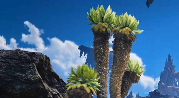 A hunter rides a creature across a rocky, vibrant landscape with floating ruins and colorful flora under a bright blue sky.
