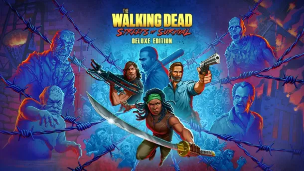 Characters from The Walking Dead wield weapons amidst zombies behind barbed wire in a neon-lit, apocalyptic scene.