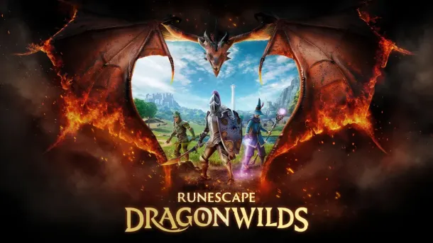 Three armored adventurers stand before a fiery dragon's wings framing a lush landscape, with "RuneScape Dragonwinds" below.