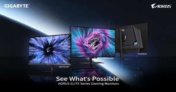 Three GIGABYTE AORUS ELITE gaming monitors with vibrant displays, sleek designs, and model labels, set against a cosmic backdrop.