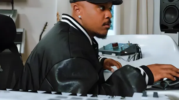 A man in a black jacket and cap sits at a white desk, typing on a keyboard with music equipment nearby.