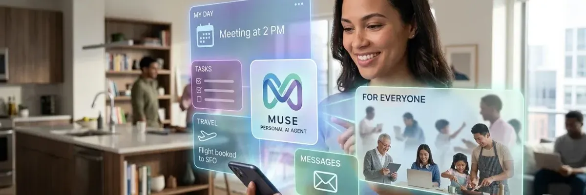 A woman smiles while holding a phone, surrounded by floating digital panels displaying AI-assisted tasks, messages, and lifestyle scenes.