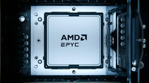 A close-up view of an AMD EPYC processor mounted on a server motherboard, illuminated against a dark background.