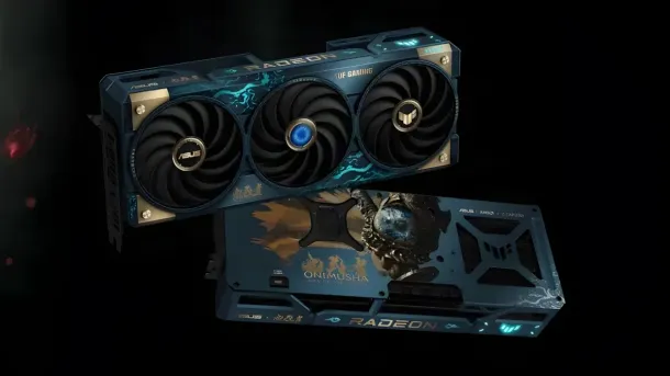 A blue and gold ASUS Radeon graphics card with three fans and Onimusha artwork, shown from front and back angles.