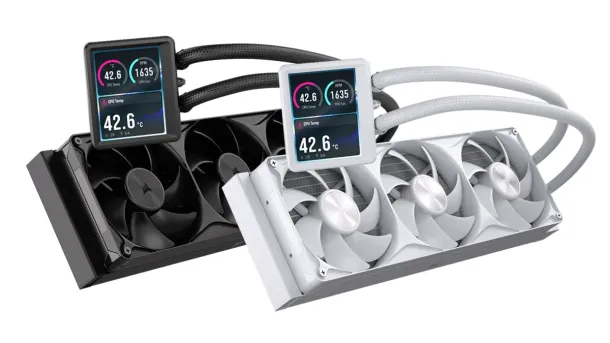 Two Corsair liquid coolers, one black and one white, each with dual fans and digital displays showing temperature and RPM.