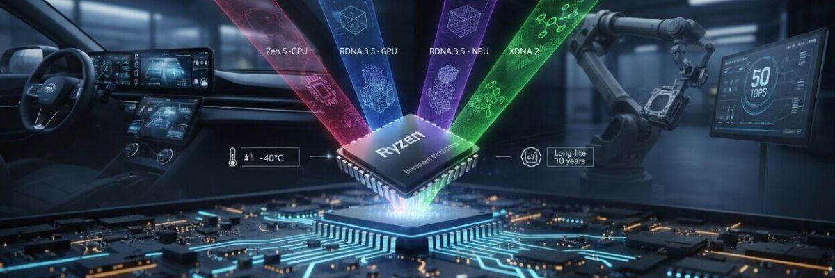 A Ryzen processor emits colorful beams labeled with tech specs, connecting to a car dashboard and robotic arm over a glowing circuit board.