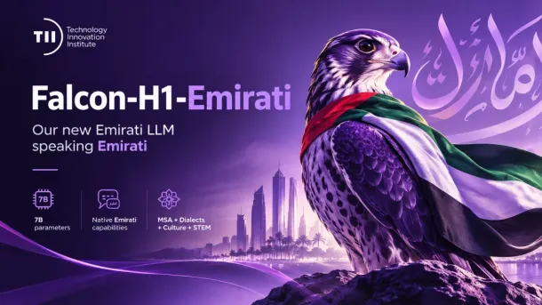 A falcon draped in the UAE flag stands against a purple Dubai skyline, with text announcing Falcon-H1-Emirati, a new Emirati Arabic language model.