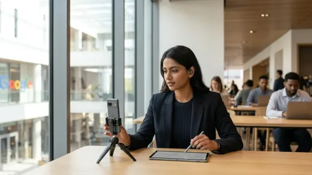 A woman in a business suit sits at a table, using a smartphone on a tripod while writing on a tablet, with Google's logo visible through the window behind her.