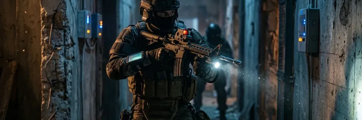 A tactical operator in full gear advances through a dim, debris-filled corridor with a flashlight and rifle.