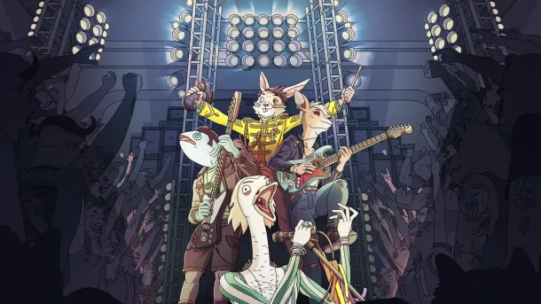 Anthropomorphic animal band performs on stage under bright lights with cheering crowd in shadow.