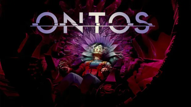A stylized figure with glowing purple hair sits beneath the bold "ONTOS" title, surrounded by dark, mechanical forms in a moody, surreal composition.